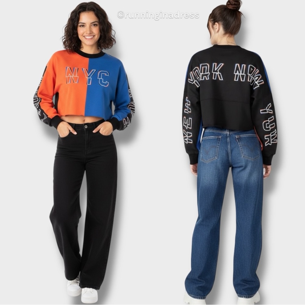 NWT Spirit Jersey New York Split Front Color Blocked Crop Long Sleeve Unisex